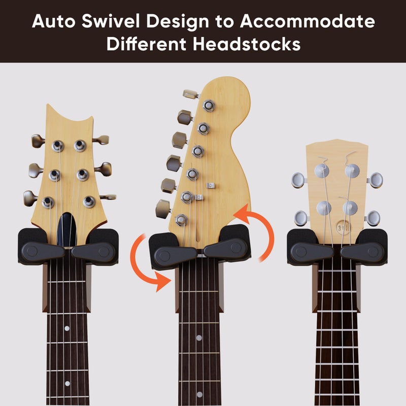 Ueteto Guitar Wall Mount Hanger  Hard Wood Base Guitar Hook Auto Locking for Acoustic  Classical  Electric  Bass Guitars  Ukuleles  2 Pack. - Image 2